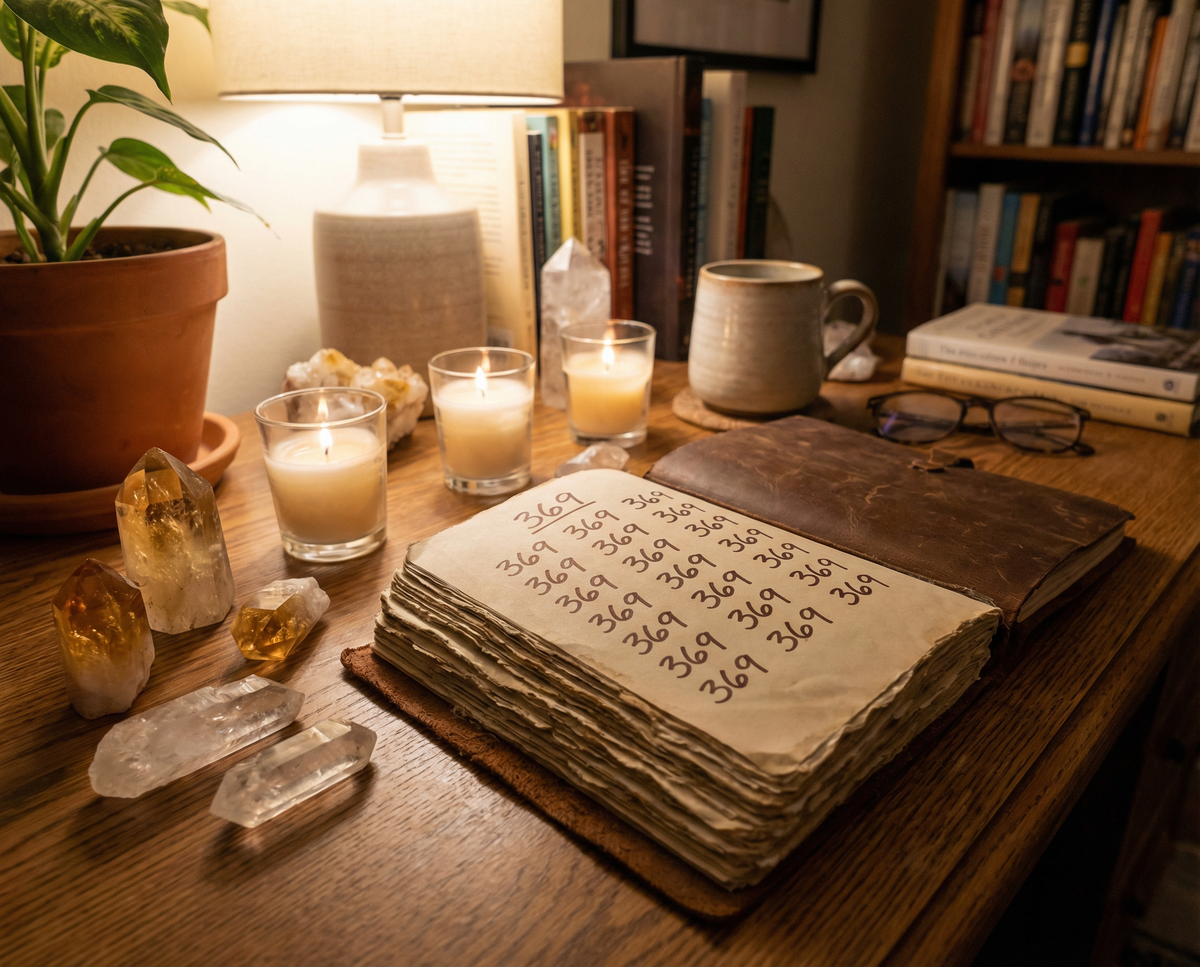 Open journal on a wooden desk with 369 written in repeated rows beside lit candles and clear quartz points