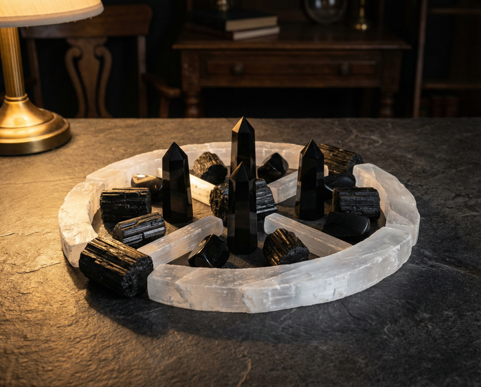 Ring of selenite enclosing black tourmaline points on a dark stone table in lamplight