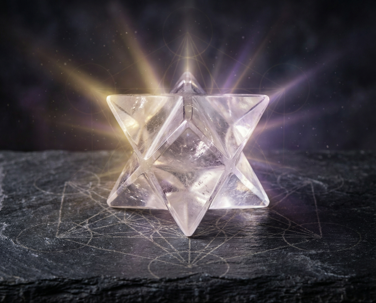Clear quartz merkaba star tetrahedron glowing on dark slate above a faint sacred geometry pattern