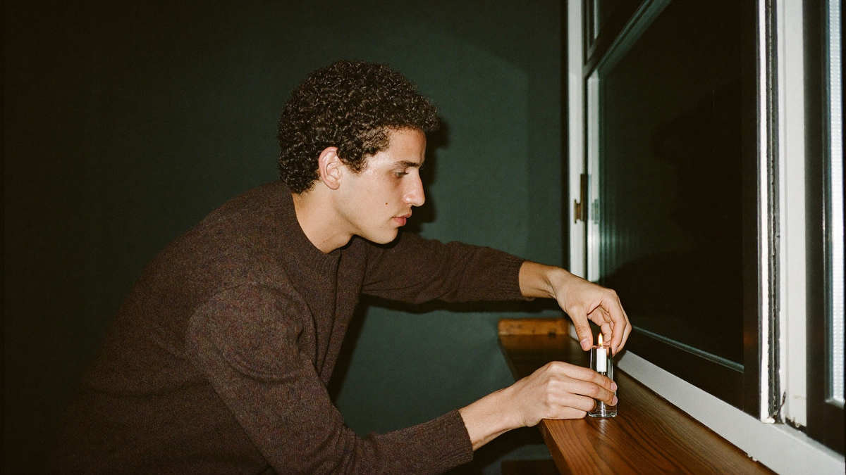 Young man setting a lit white candle in a glass holder on a dark window sill at night