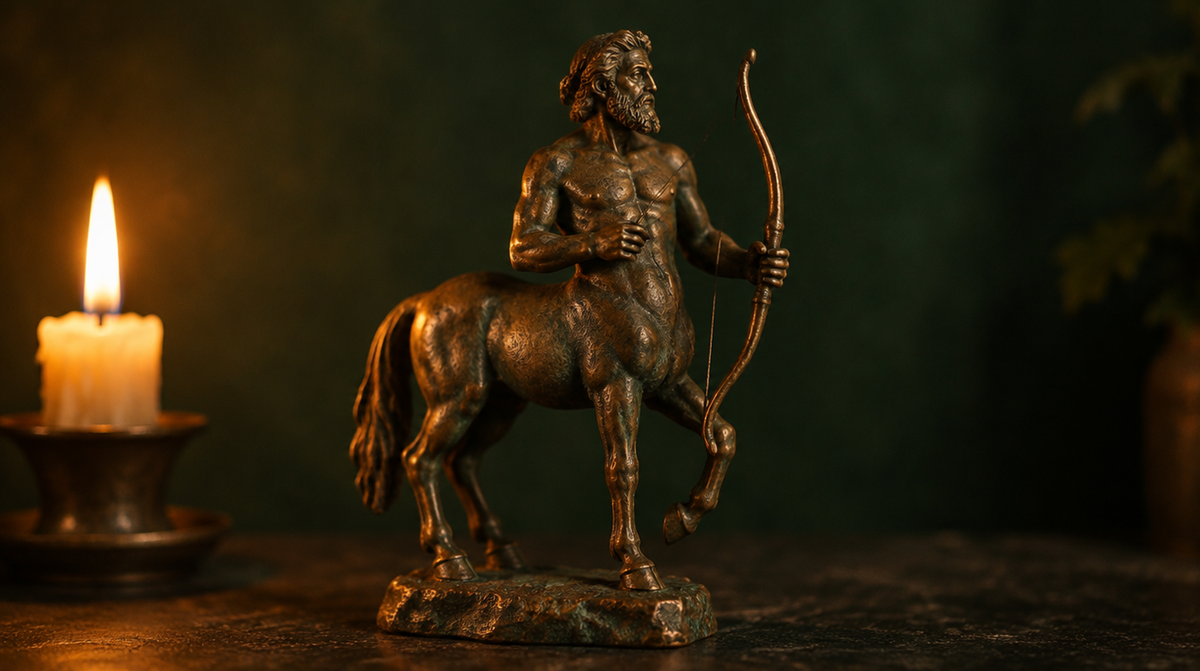 Bronze statuette of the bearded centaur Chiron holding a bow on dark stone, lit by a candle on the left