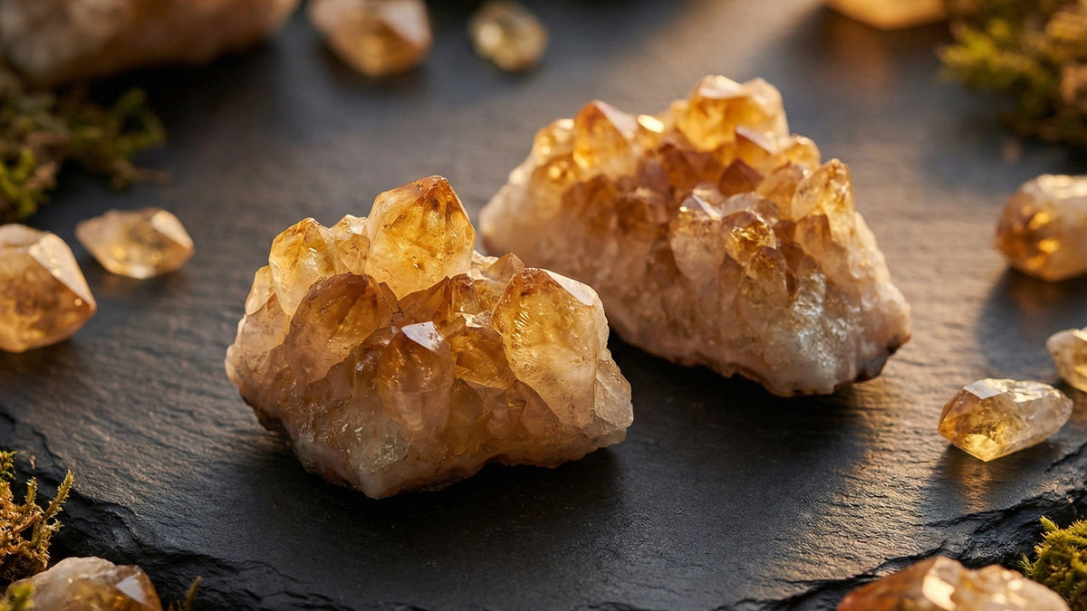 Golden orange citrine clusters with pale bases on dark slate, scattered small points and green moss at the edges
