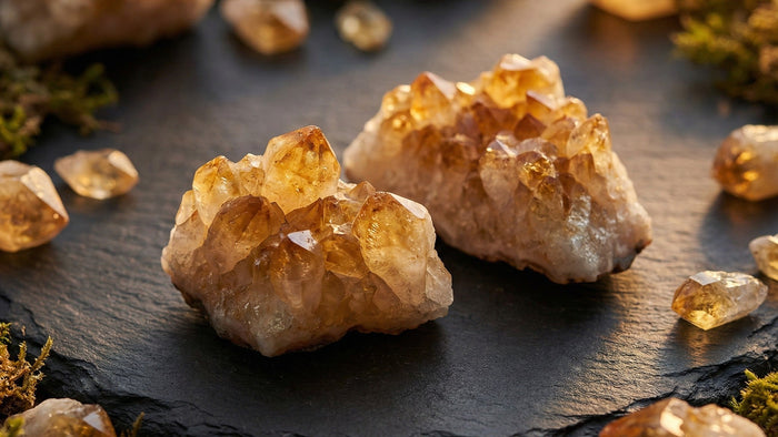 Golden orange citrine clusters with pale bases on dark slate, scattered small points and green moss at the edges