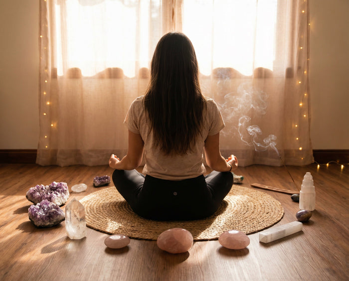 Woman meditating cross-legged on a woven mat, circled by amethyst clusters, rose quartz and clear quartz