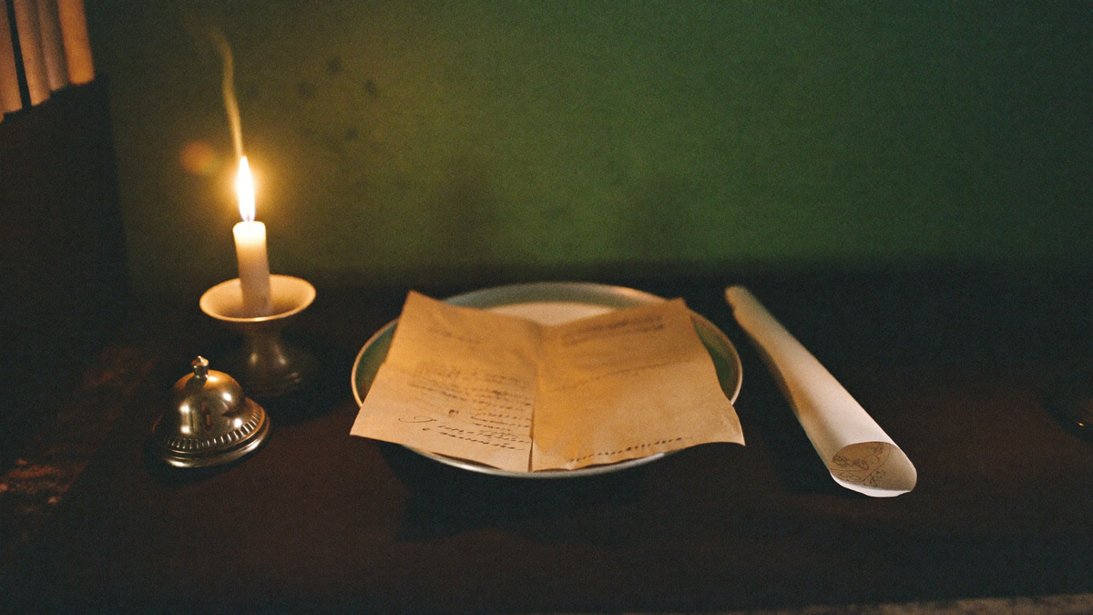 A single place setting on a black cloth by candlelight, with a small brass bell and a folded note on the plate