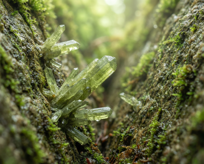 Spray of green prismatic epidote crystals growing from a mossy rock face in soft forest light