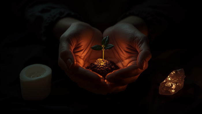 Cupped hands hold dark soil with a green seedling beside a white candle and a rough crystal