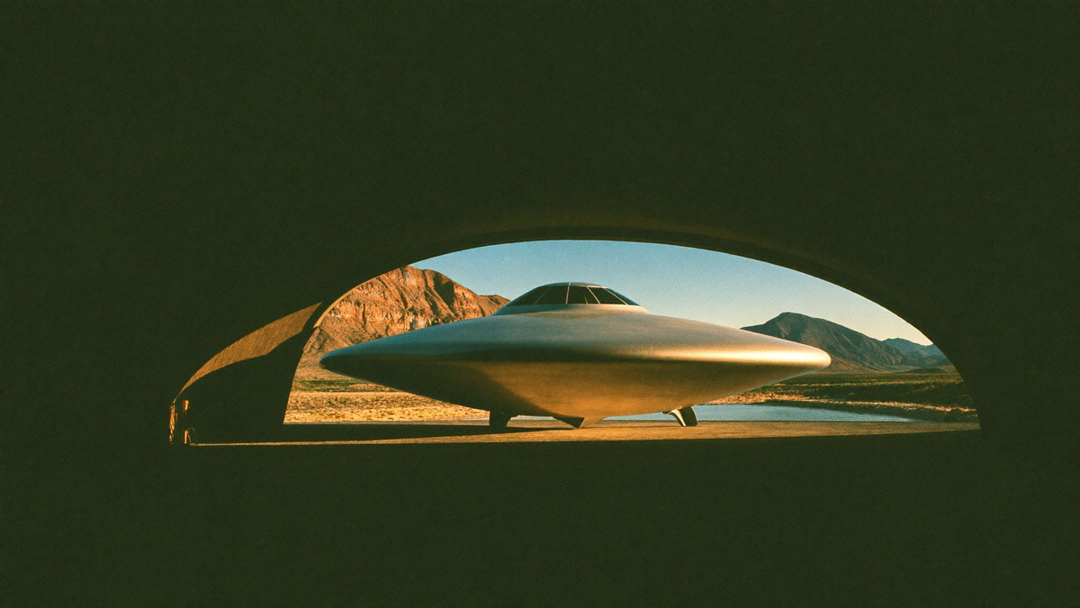 Silver flying saucer framed by a dark hangar opening, desert mountains of Nevada and blue sky behind