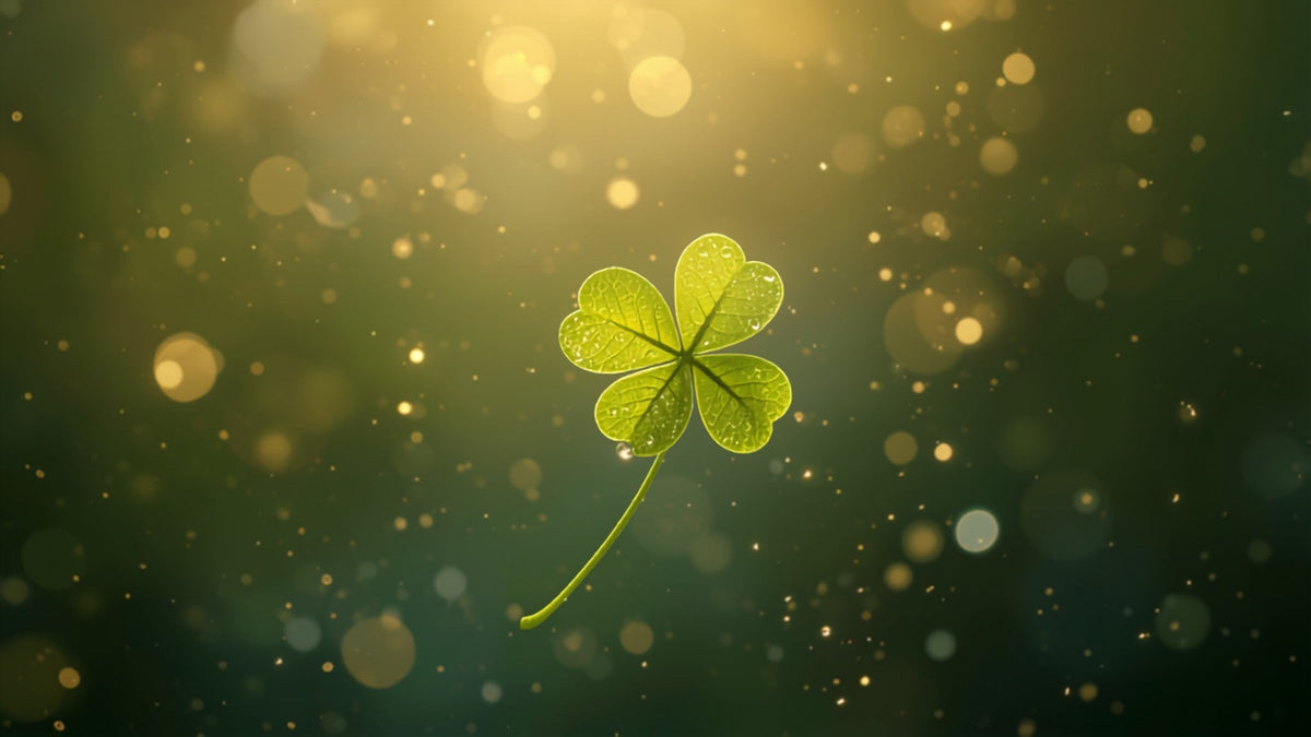 A single four-leaf clover with dew drops floating in warm golden light against a soft dark green background