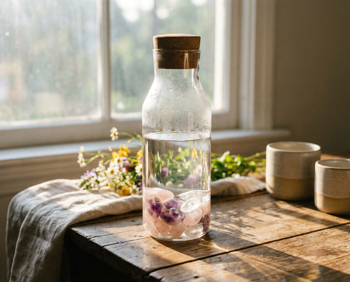 Glass carafe of water with rose quartz and amethyst tumbled stones on a sunlit wooden table