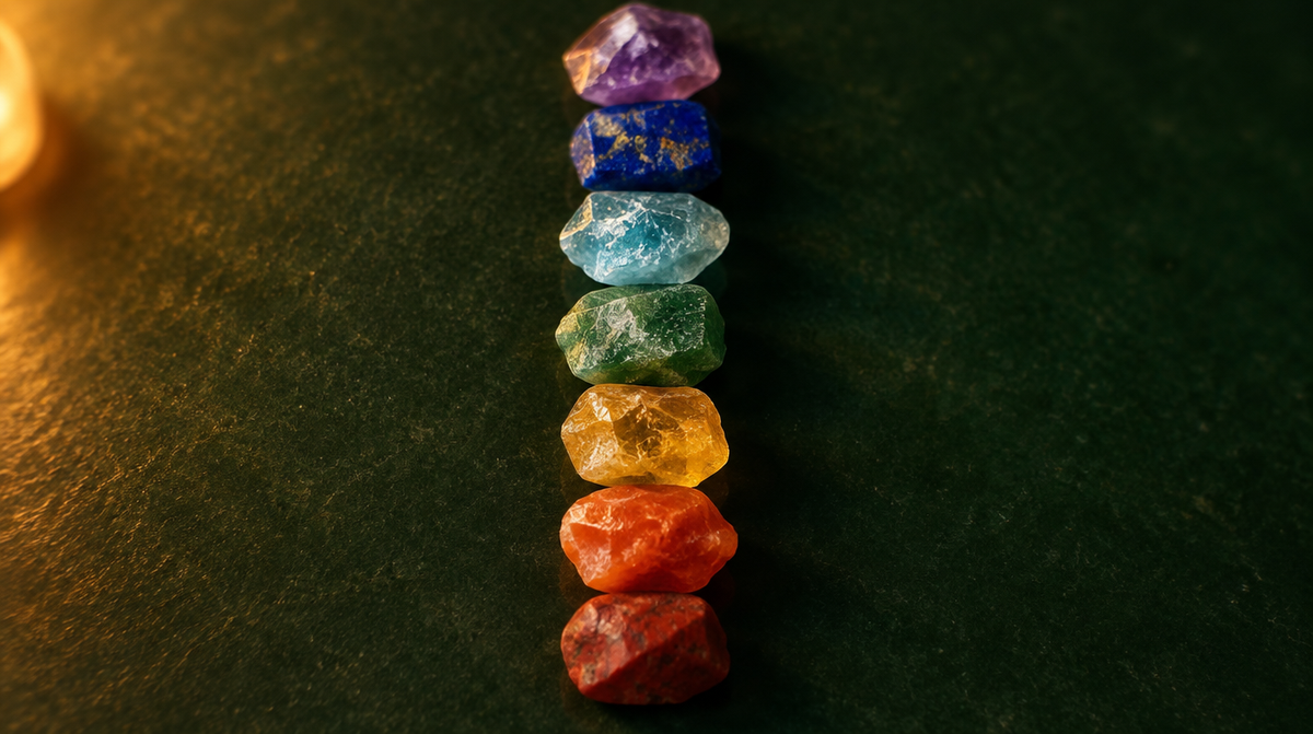 Seven raw stones in violet, blue, green, yellow, orange and red laid in a line on dark green slate.