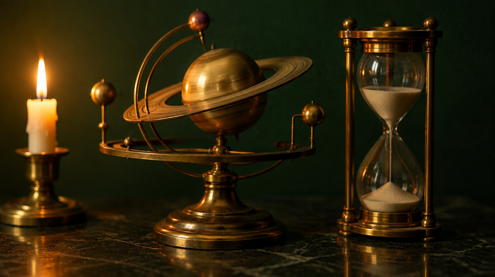 Brass orrery model of ringed Saturn beside an hourglass and a lit candle on dark stone.