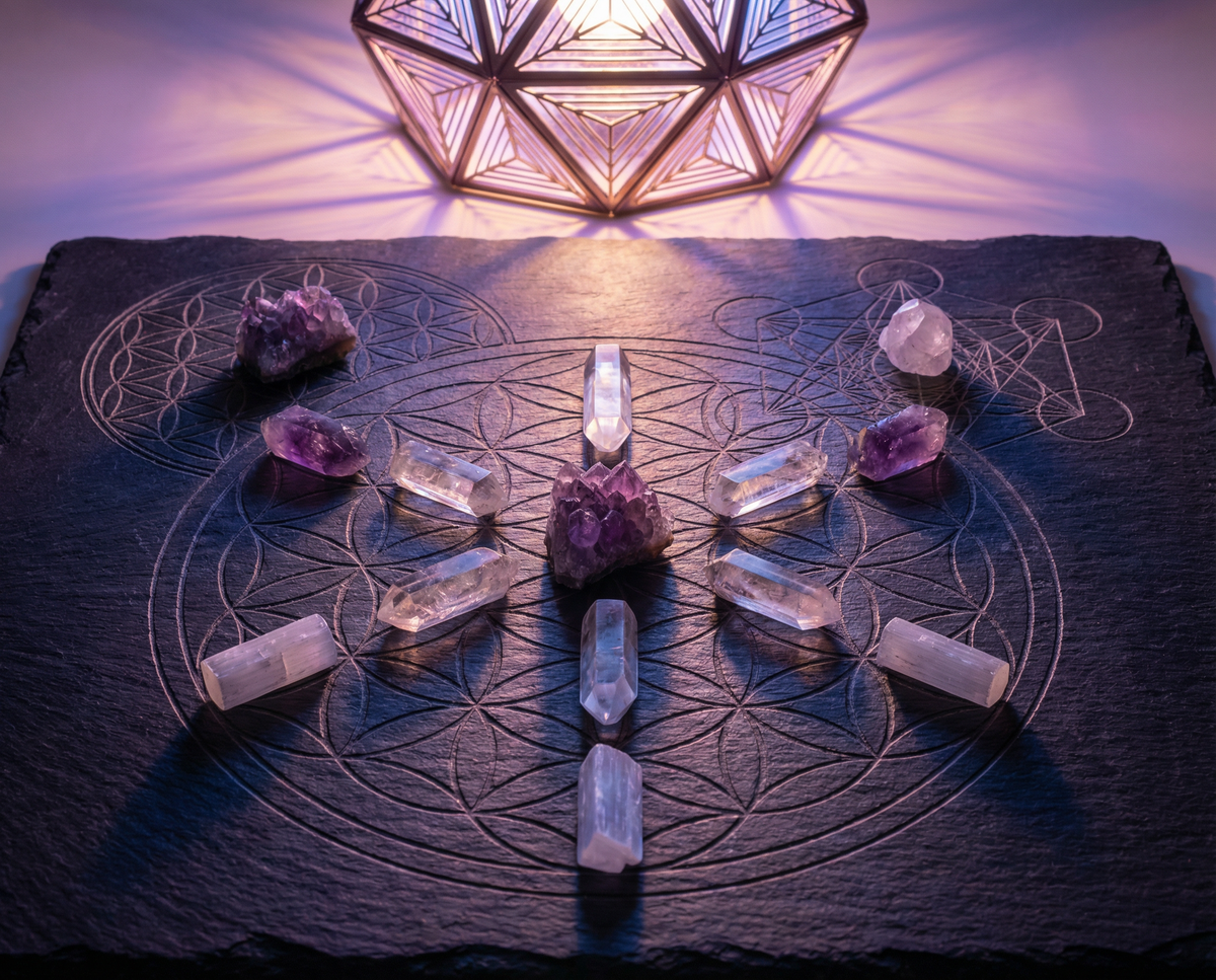 Crystal grid of quartz points and amethyst on a slate board engraved with the Flower of Life