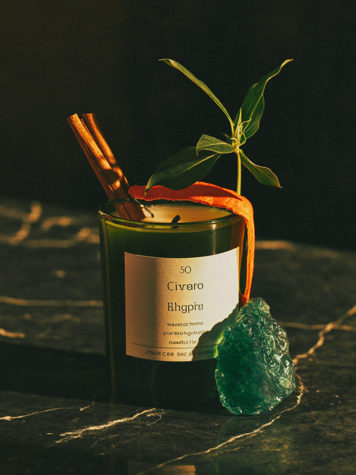 A seven-day money candle burning on polished dark marble, lit by a single warm golden light against a deep emerald-green background.