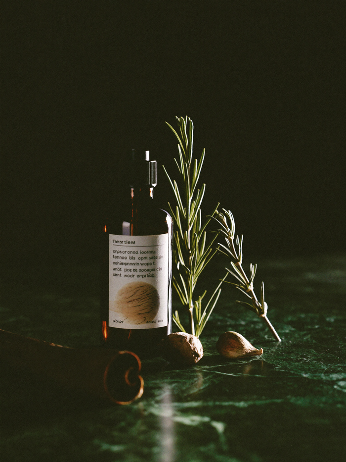 A room spray bottle beside a smoldering herb bundle on polished dark marble, a wisp of smoke rising against a deep emerald-green background.