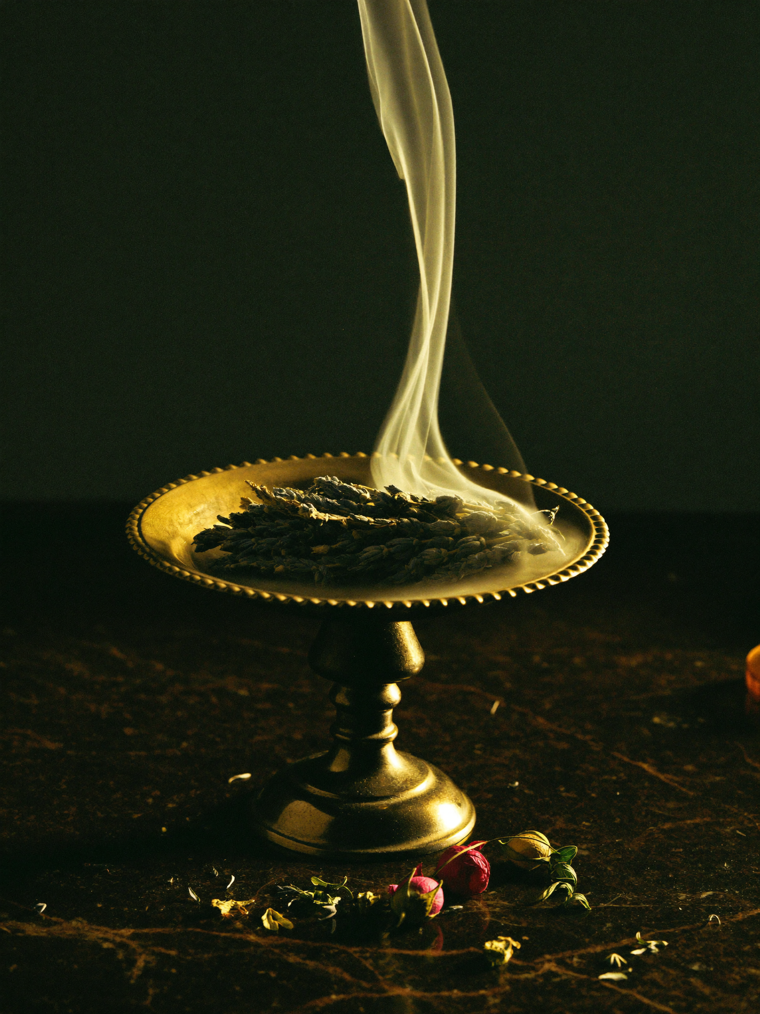 Smoldering white sage bundle in an antique brass dish with dried rose buds, lit from the side by candlelight