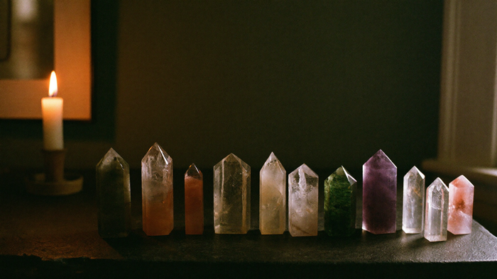 A row of polished crystal points including amethyst and rose quartz lit by a single candle on a dark stone surface