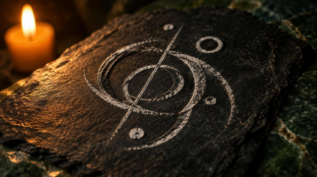 Abstract chalk sigil carved into a dark slate slab, lit from the left by a single candle flame