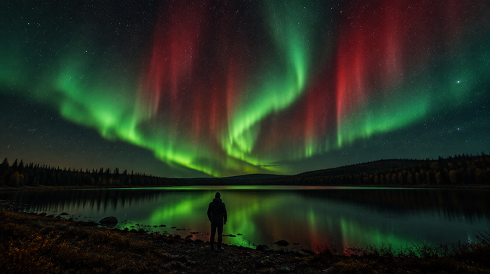 Green and red aurora borealis over a dark lake shore with a lone figure watching the northern sky