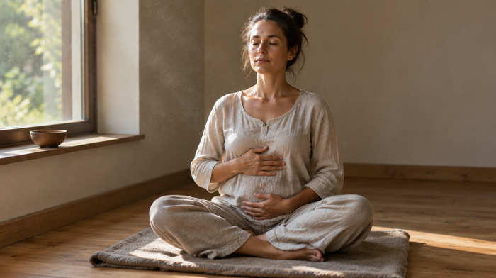 A woman sits upright and cross-legged by a sunlit window, hands on ribs and belly, eyes closed in a seated breathing practice