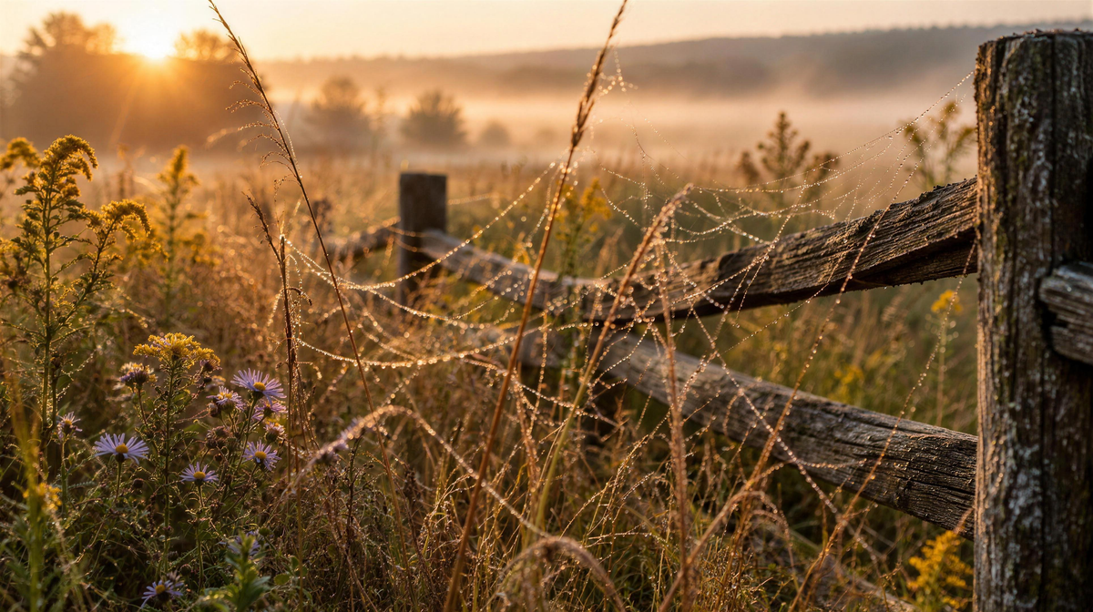 Dew-covered gossamer spider threads over dry meadow grass, asters and goldenrod by a split-rail fence at golden sunrise