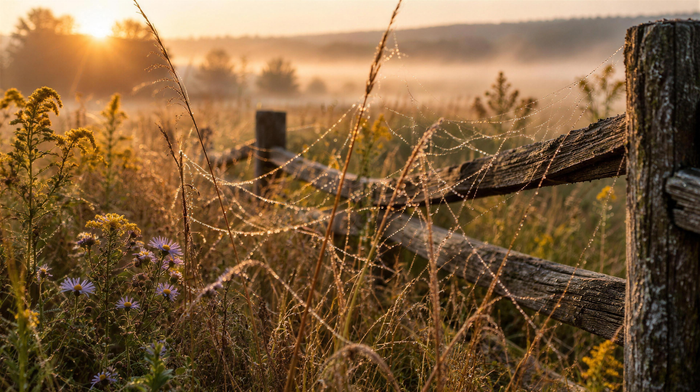 Dew-covered gossamer spider threads over dry meadow grass, asters and goldenrod by a split-rail fence at golden sunrise