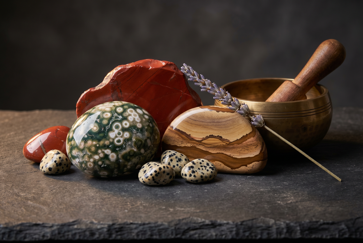 Red, ocean, picture and dalmatian jasper stones on slate beside a brass singing bowl and lavender