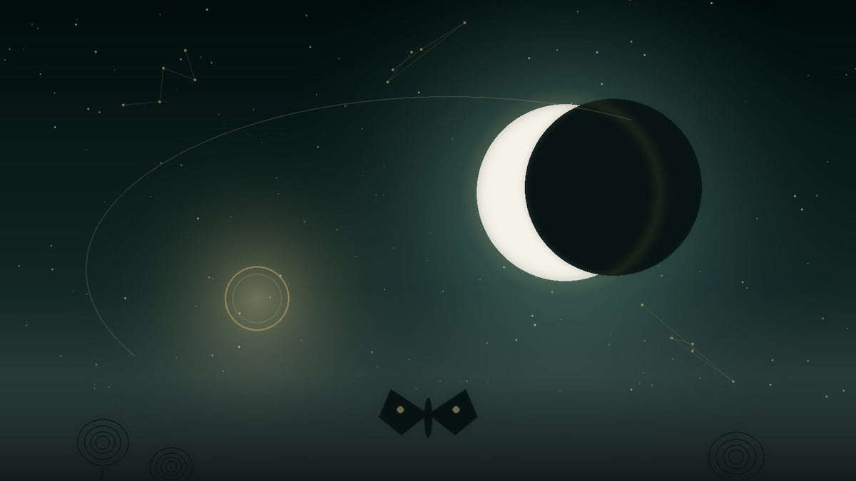 Crescent moon half in shadow above a starry sky with the Moon's elliptical orbit traced in pale light