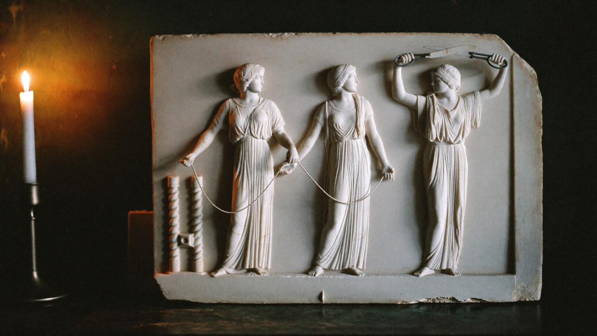 Marble relief of the three Fates in Greek robes holding a spindle, a measured thread and open shears by candlelight
