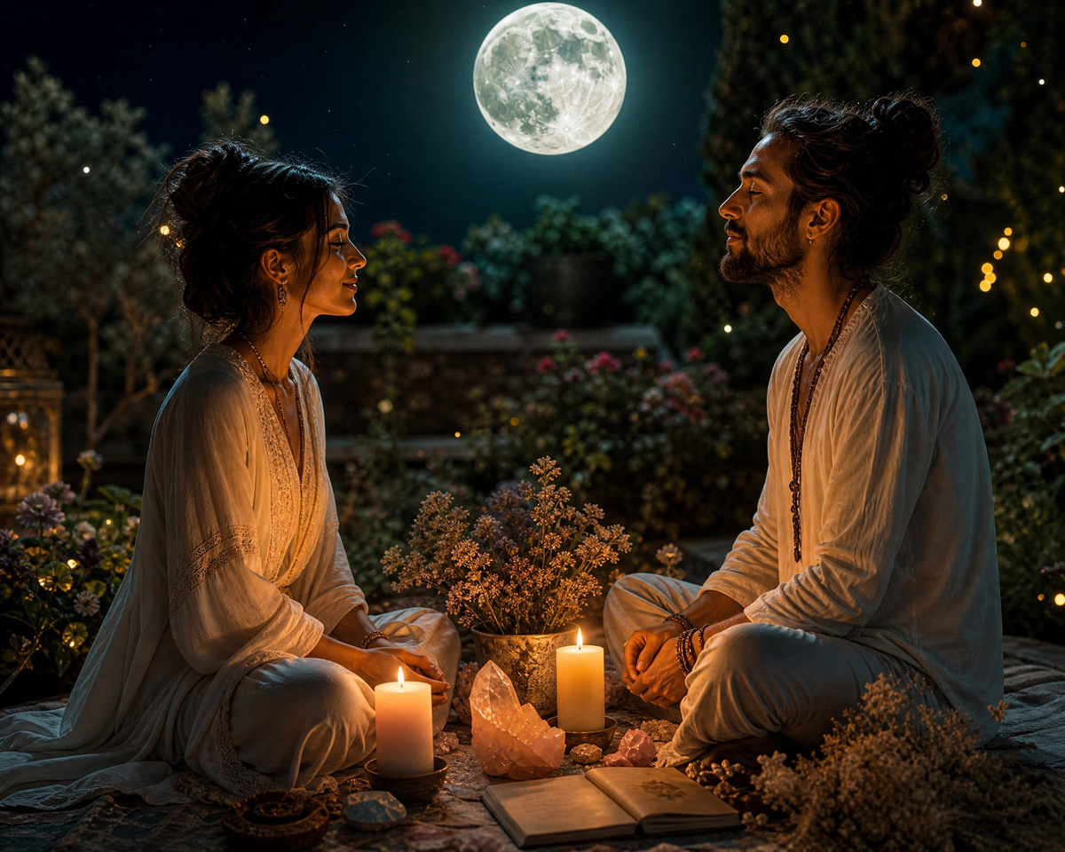 A couple sitting facing each other by candlelight under a full moon, rose quartz and an open book between them