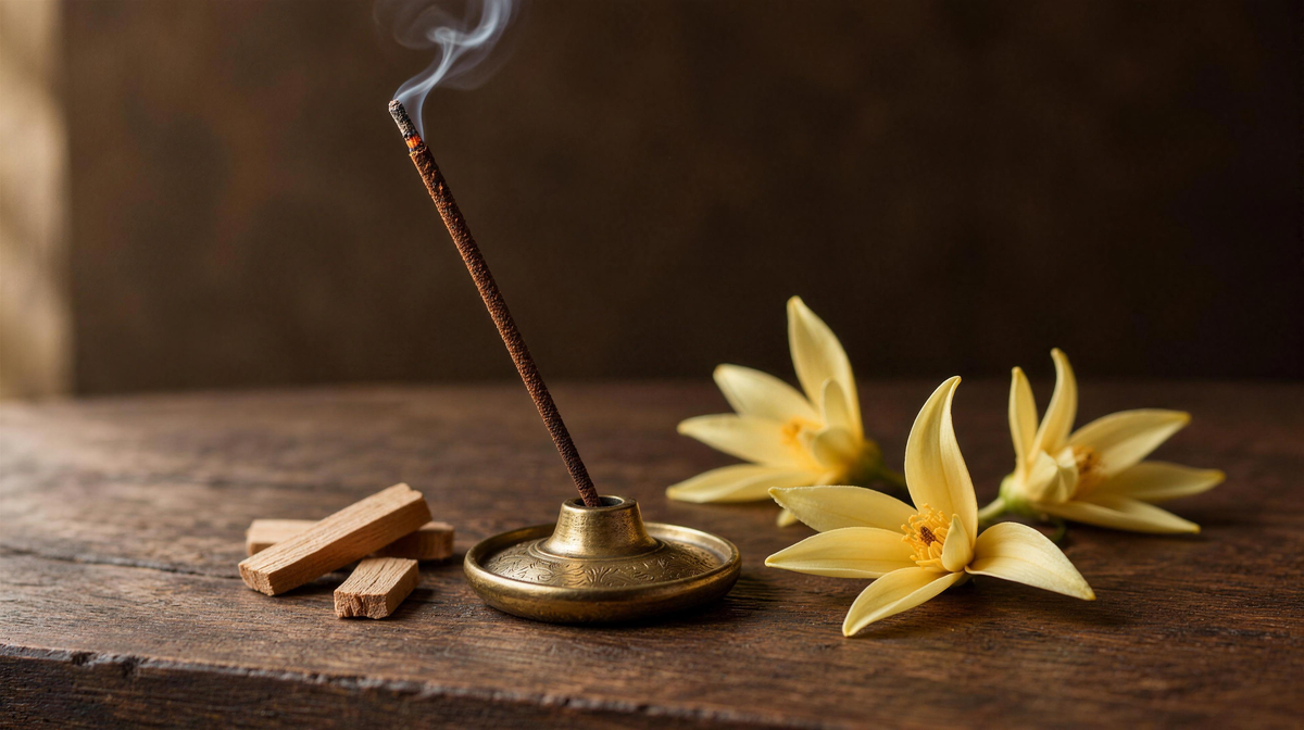 A hand-rolled incense stick smoking in an engraved brass holder, sandalwood chips and pale yellow champaca flowers beside it