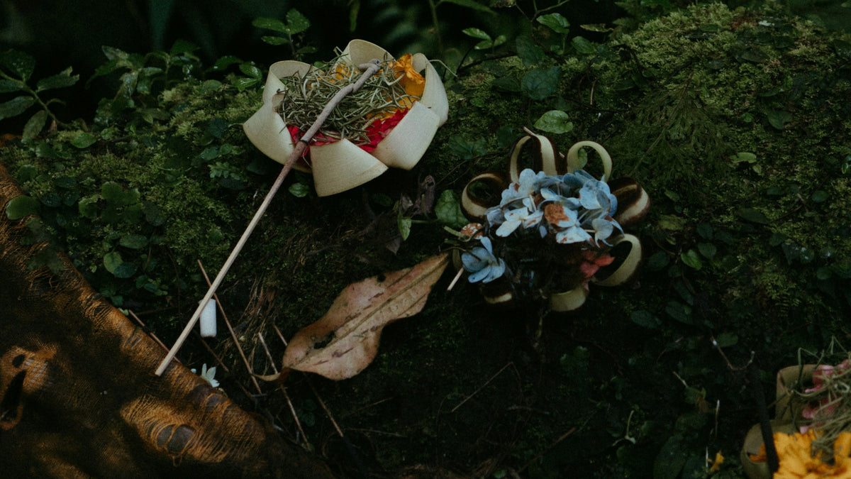 Woven palm-leaf offerings with flowers and a smoking incense stick left on a mossy forest floor among ferns