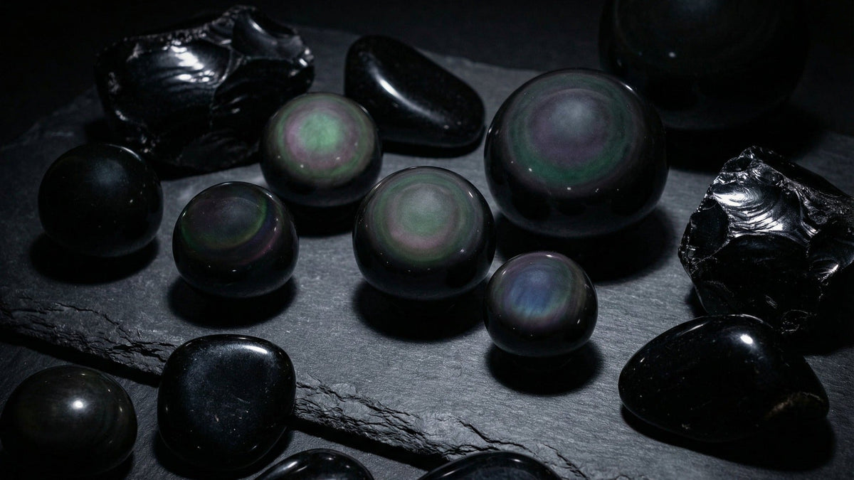 Polished rainbow obsidian spheres with green and violet sheen beside rough and tumbled black obsidian on dark slate