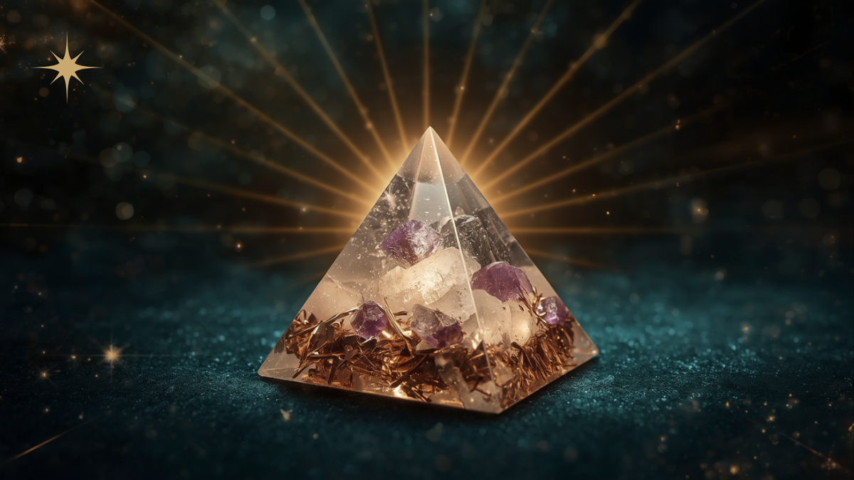 An orgonite pyramid of clear resin with copper shavings and amethyst points, lit from within