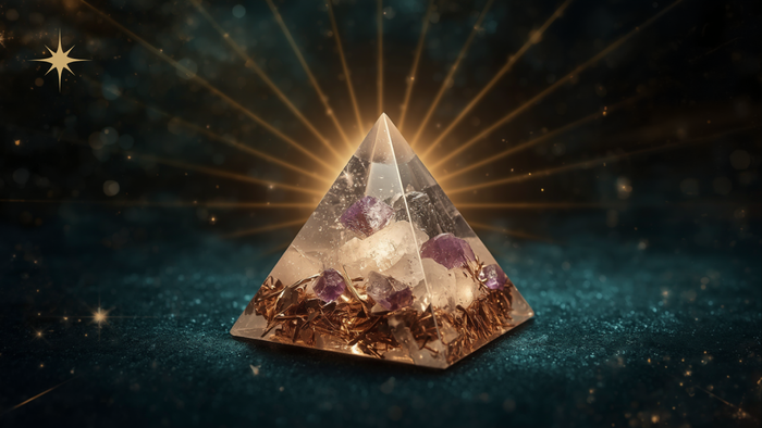 An orgonite pyramid of clear resin with copper shavings and amethyst points, lit from within