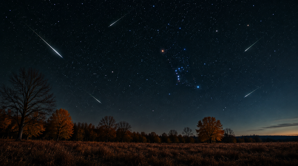 Bright meteor streaks crossing a starry night sky above Orion, with autumn trees on the horizon of a dark field