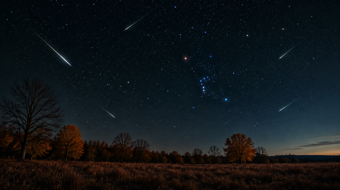 Bright meteor streaks crossing a starry night sky above Orion, with autumn trees on the horizon of a dark field