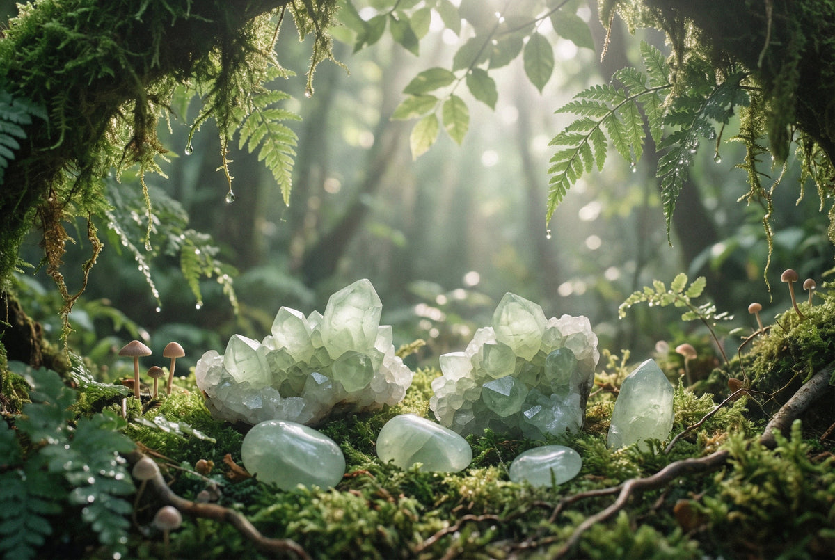 Pale green prehnite clusters and tumbled stones resting on moss in a misty fern forest with soft morning light