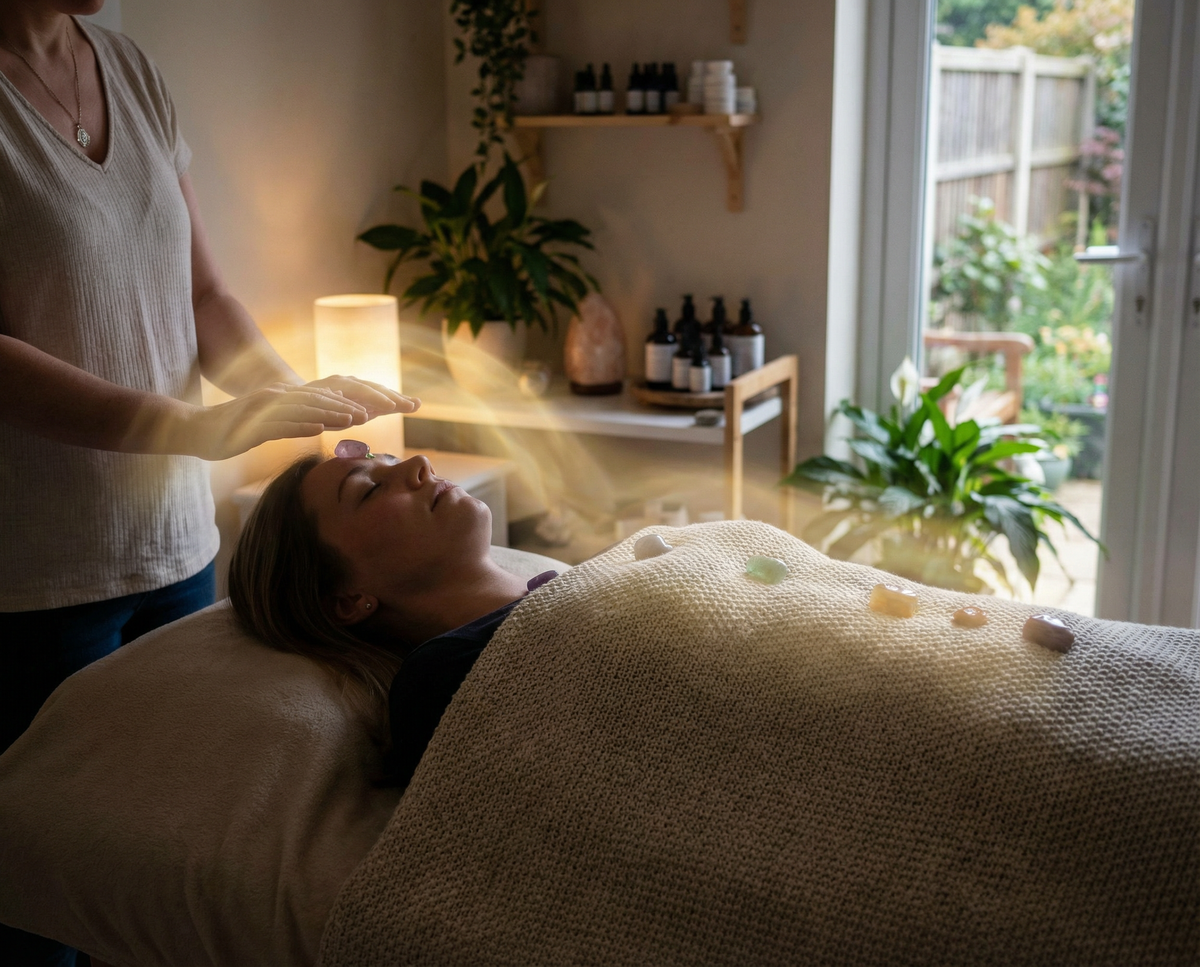 Reiki practitioner holding her hands above a reclining client with crystals placed along the body