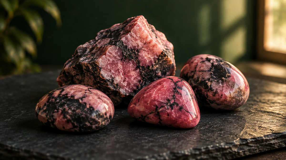 Rough and polished rhodonite stones, rose pink with black veins, on dark slate in soft window light