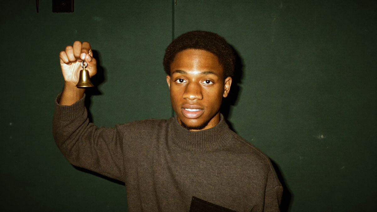 A young man in a turtleneck holding up a small brass hand bell against a dark green wall
