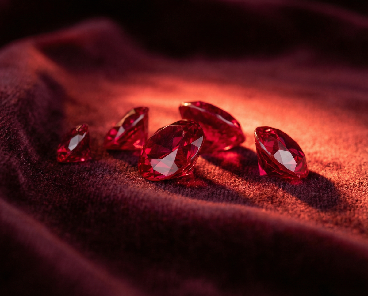 Six faceted red rubies scattered on dark red velvet, lit by a warm beam of light from the upper right