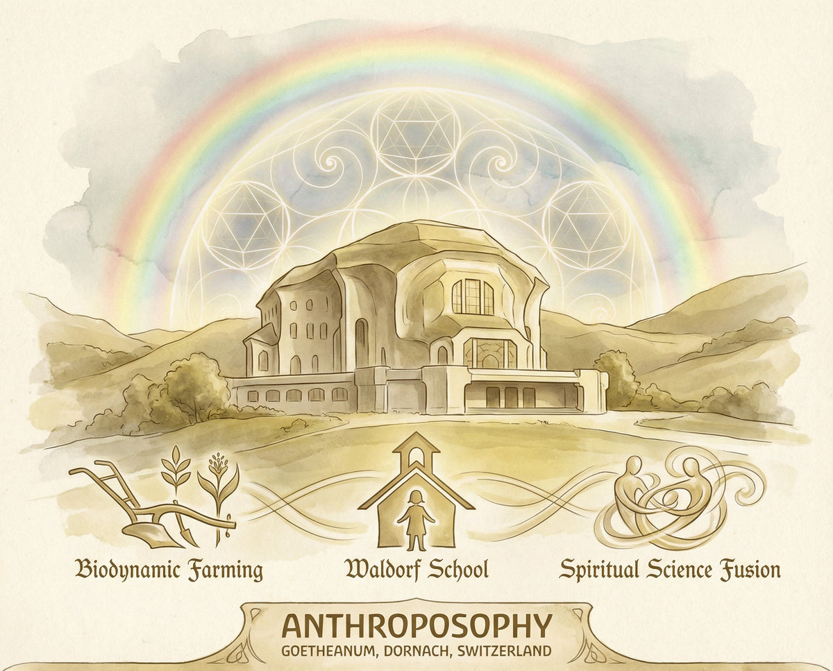 Watercolor of the Goetheanum in Dornach with Waldorf school and biodynamic farming symbols beneath a rainbow