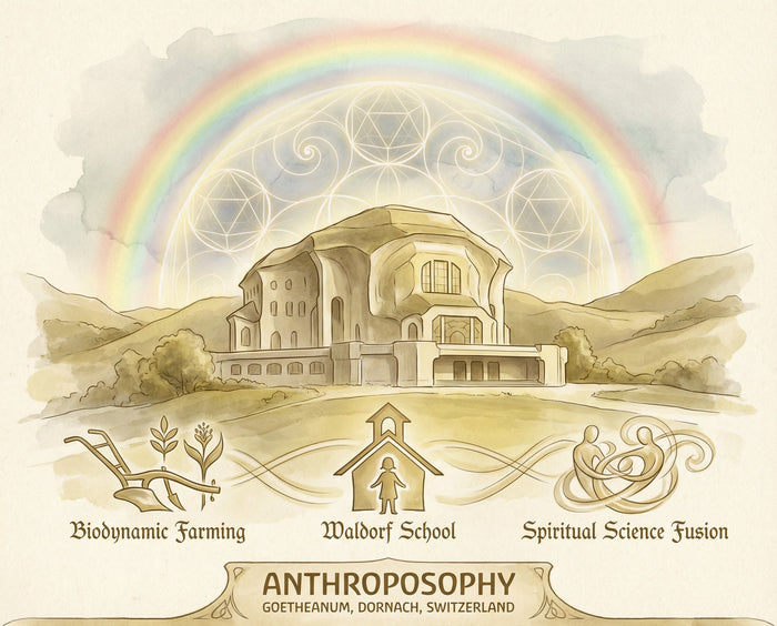 Watercolor of the Goetheanum in Dornach with Waldorf school and biodynamic farming symbols beneath a rainbow