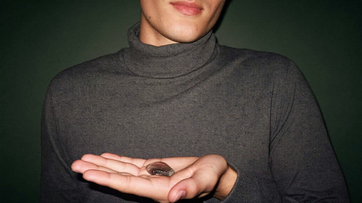 Young man in a charcoal turtleneck holding a small polished smoky quartz stone in his open palm against a dark green wall