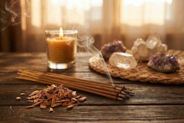 Sandalwood incense sticks and wood chips on a rustic table with a lit beeswax candle and amethyst