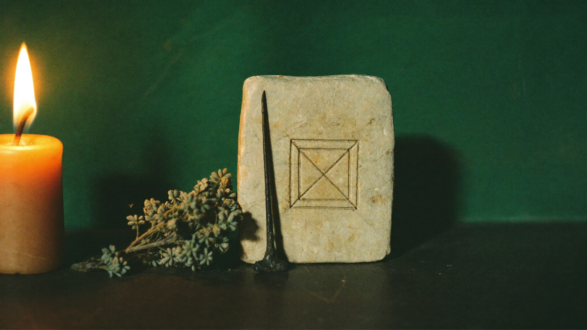 A pale stone slab incised with a square protective mark, an iron nail, dried herbs and a lit candle on dark wood