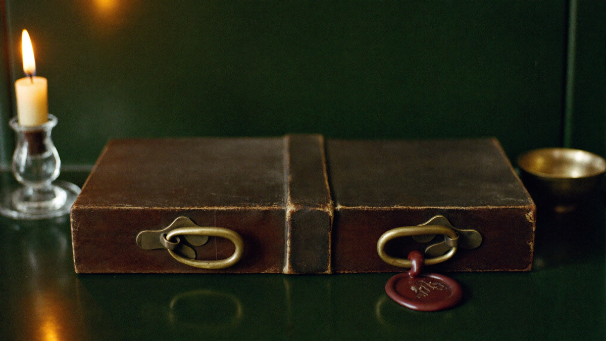 A closed leather book with brass clasps and a red wax seal on a dark table beside one burning candle