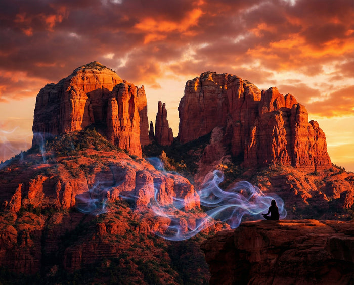 Red rock buttes at sunset in Sedona, Arizona, with a lone figure sitting in meditation on a ledge
