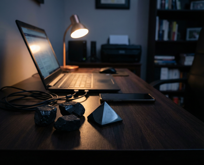 Black shungite pyramid and three raw shungite stones on a dark wooden desk beside a laptop and phone